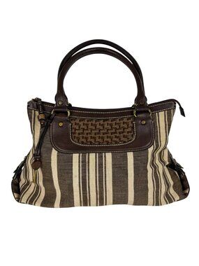 Fossil Tan Brown Tote Bag Canvas Basket Weave Striped Faux Leather Y2K EUC